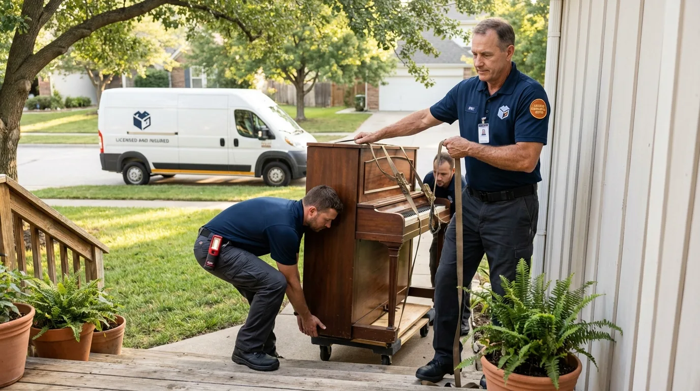 Licensed piano movers securing grand piano in Shelbina, MO