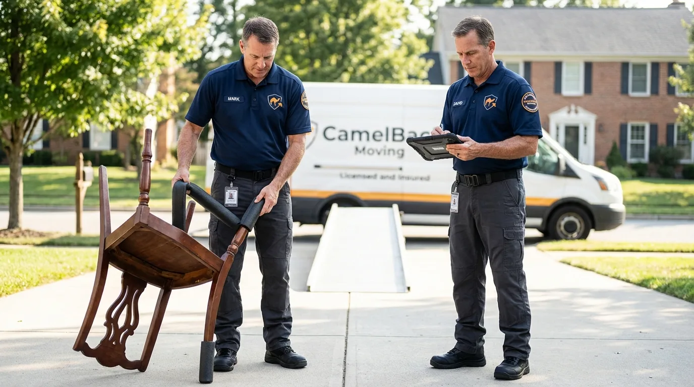 Movers inspecting furniture for damage prevention before loading in Shelbina, MO