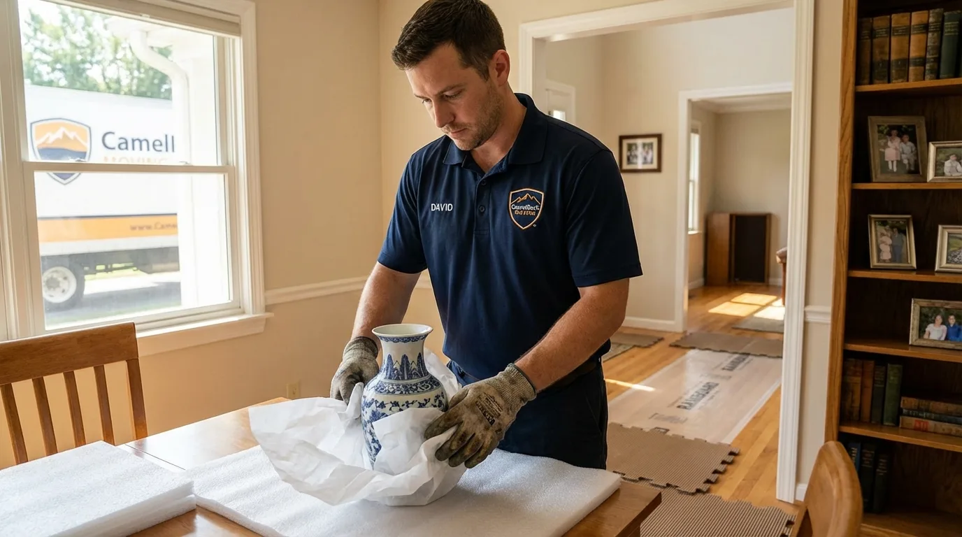 Professional crew carefully wrapping antique vase for senior downsizing move in Shelbina, MO